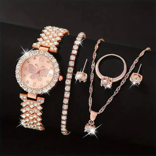 6Pcs Jewelry Set Rose Gold Luxury Watch Women Ring Necklace Earring Rhinestone Fashion Wristwatch Casual Ladies Watches