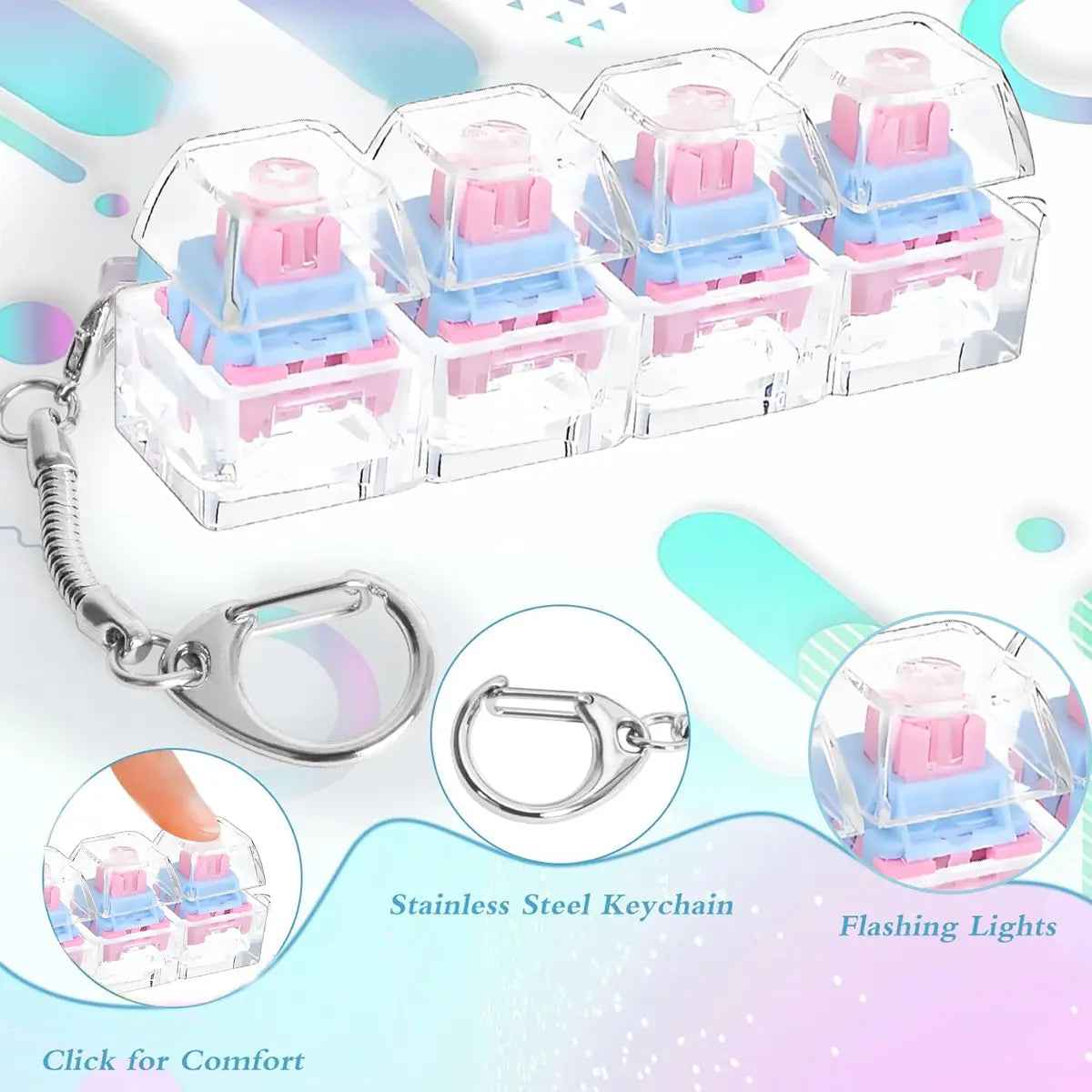 Pink Keychain Keyboard Fidget Toy with LED Lights Stress Relief Clicker Fidget Keyboard Boost Focus Calm Anxiety for Her Girlfriend Wife Gift