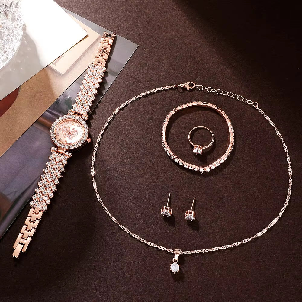 6Pcs Jewelry Set Rose Gold Luxury Watch Women Ring Necklace Earring Rhinestone Fashion Wristwatch Casual Ladies Watches