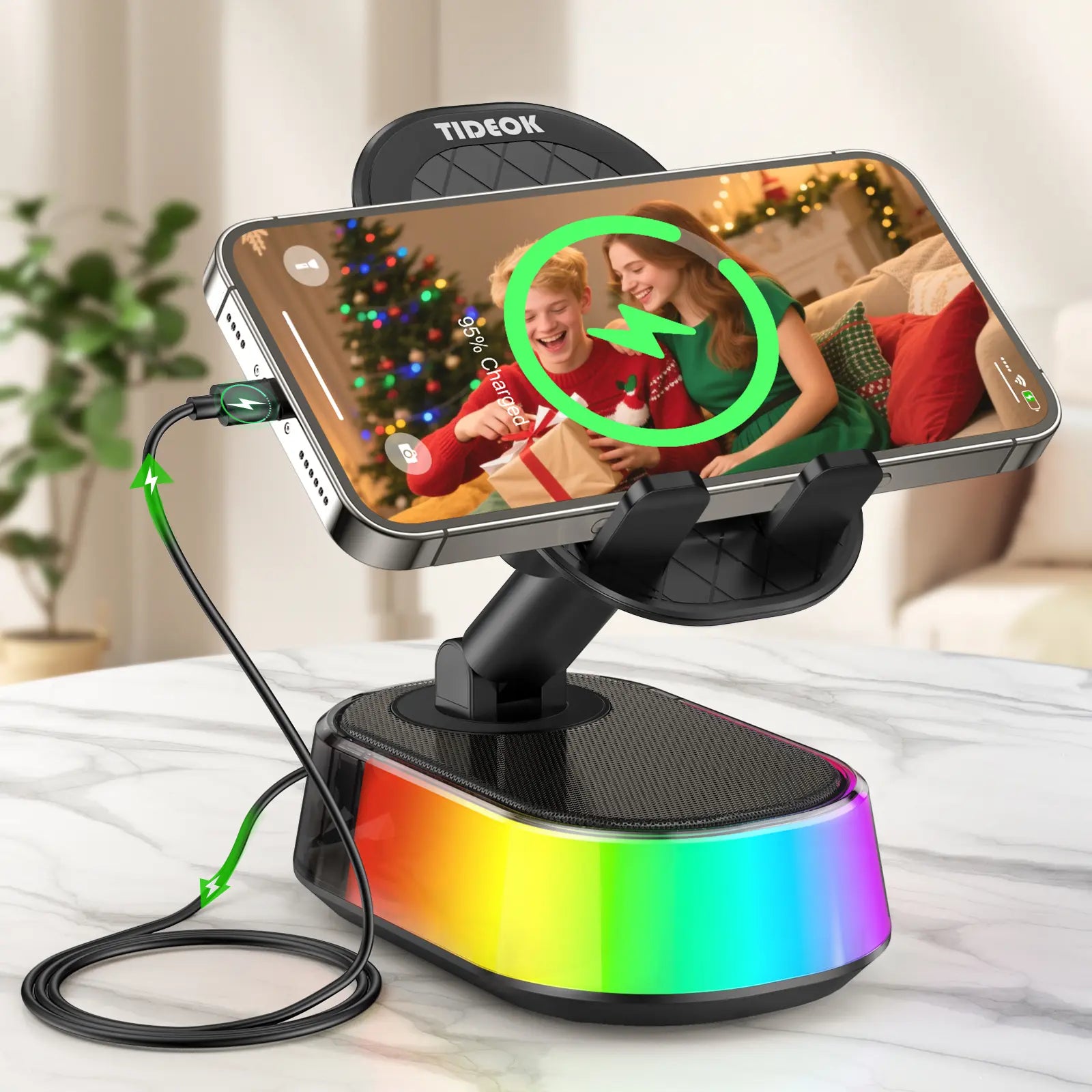 TIDEOK Wireless Bluetooth Speaker with Phone Holder, Emergency Charging, Smart Sensing, Colorful Atmosphere Light, 9D HD Surround Sound, Foldable & Rotatable, for Iphone & Android