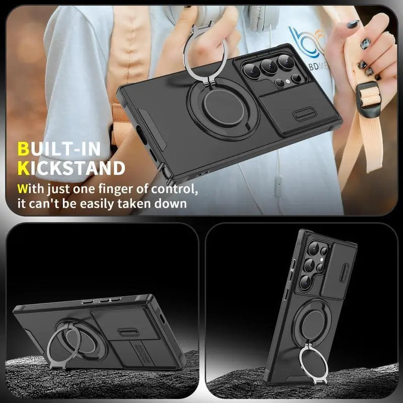 Shockproof Magnetic Case with Slide Camera Lens Protector for Samsung Galaxy S26/S25/S24/S23/S22/S21 Ultra plus Rotating Ring Holder