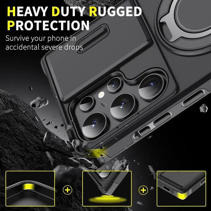 Shockproof Magnetic Case with Slide Camera Lens Protector for Samsung Galaxy S26/S25/S24/S23/S22/S21 Ultra plus Rotating Ring Holder