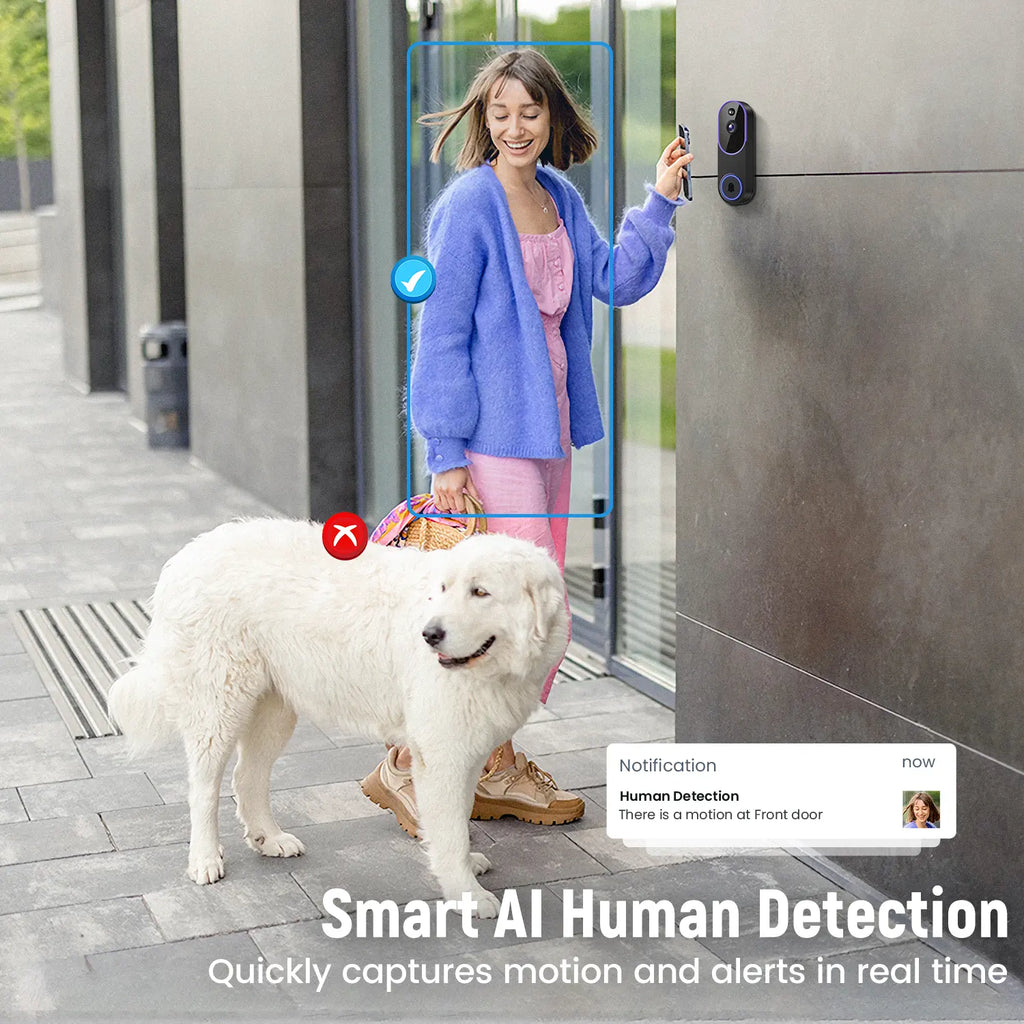 1080P Wireless Video Doorbell Camera, Smart AI Human Detection, Live View, Cloud Storage, Night Vision, Two Way Audio, Instant Alert, 2.4G Wifi Only, Indoor/Outdoor Surveillance Cam for Home Security System
