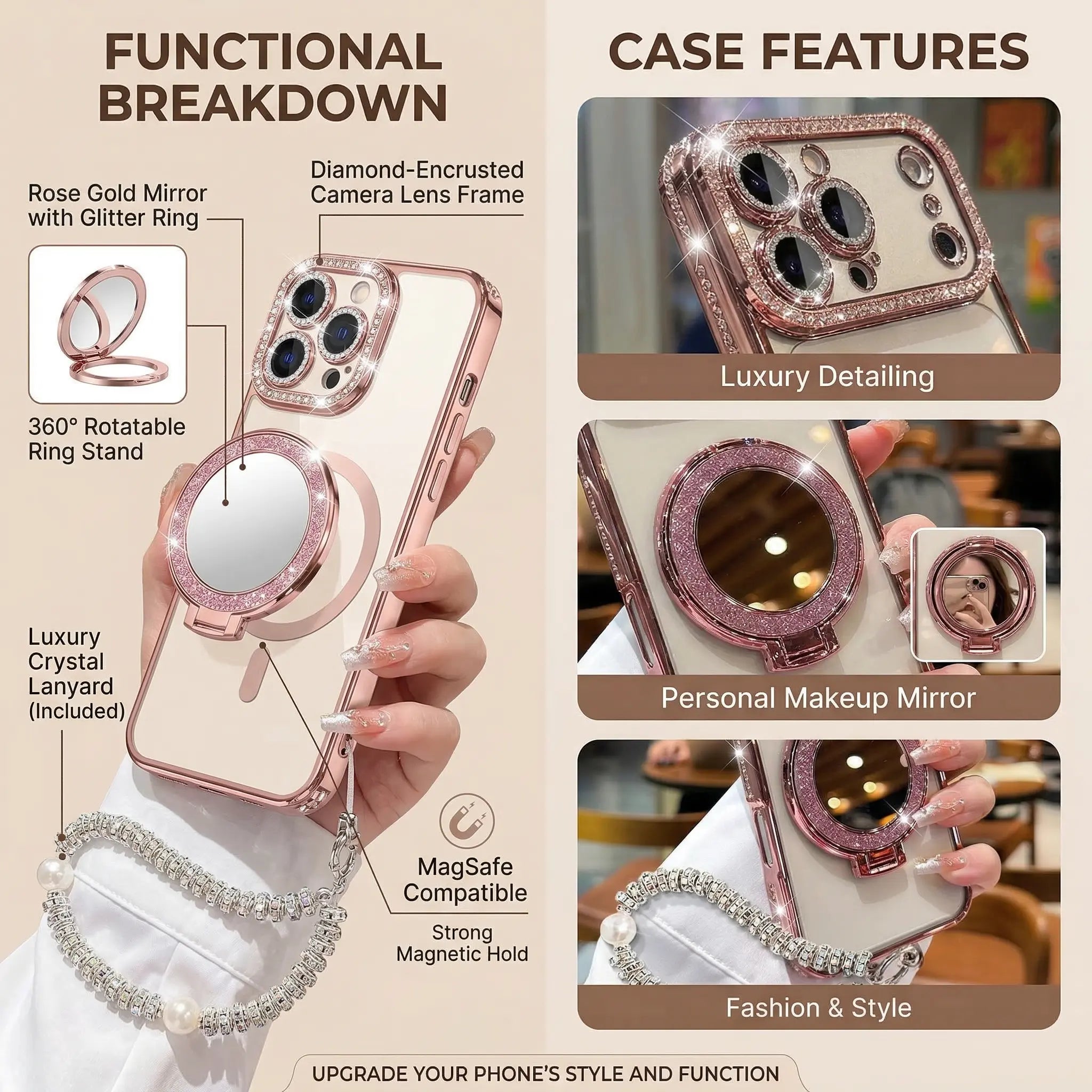 Luxury Shiny Mirror Iphone with Foldable Stand for Iphone 17 16 15 Pro Max - Aesthetic Makeup Cover for Women & Girls Anti-Fall Bow Pattern Game Design Four-Corner Shockproof Magnetic Phone Case Dust Proof Bracket Cool Leopard Print