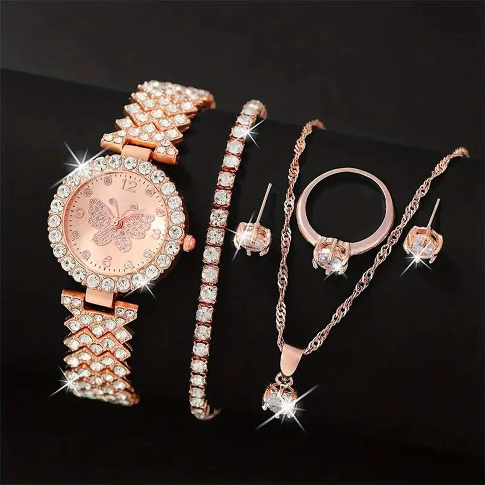 6Pcs Jewelry Set Rose Gold Luxury Watch Women Ring Necklace Earring Rhinestone Fashion Wristwatch Casual Ladies Watches