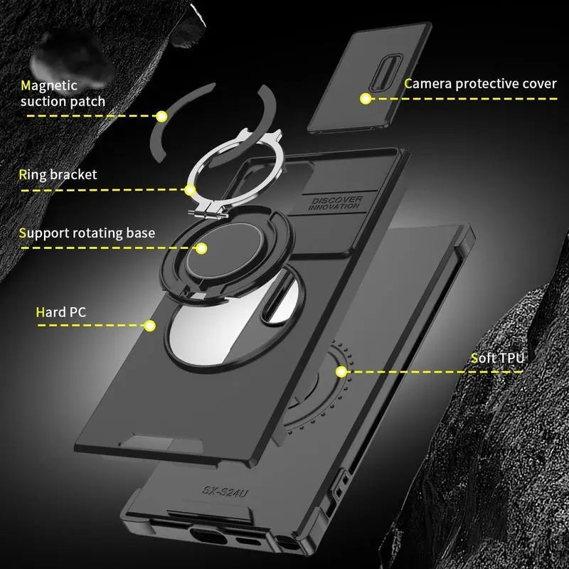 Shockproof Magnetic Case with Slide Camera Lens Protector for Samsung Galaxy S26/S25/S24/S23/S22/S21 Ultra plus Rotating Ring Holder