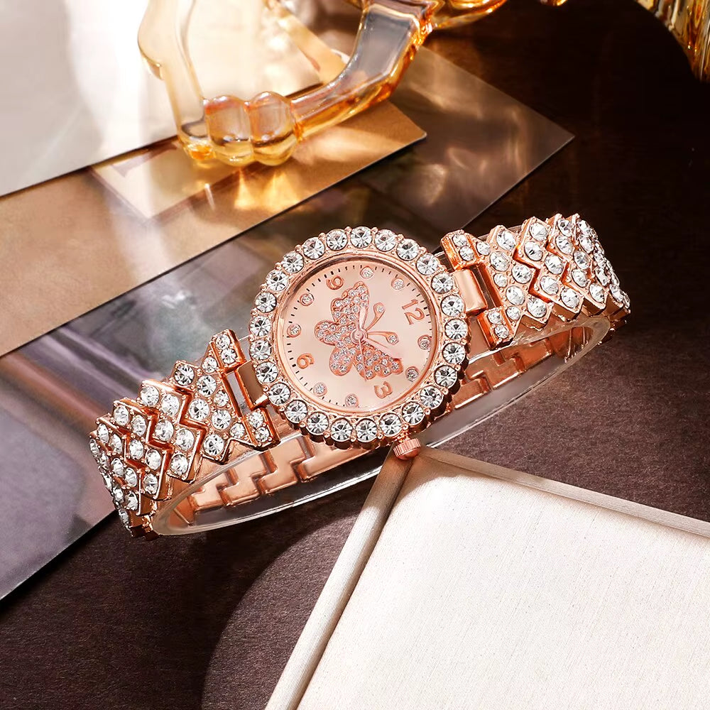 6Pcs Jewelry Set Rose Gold Luxury Watch Women Ring Necklace Earring Rhinestone Fashion Wristwatch Casual Ladies Watches