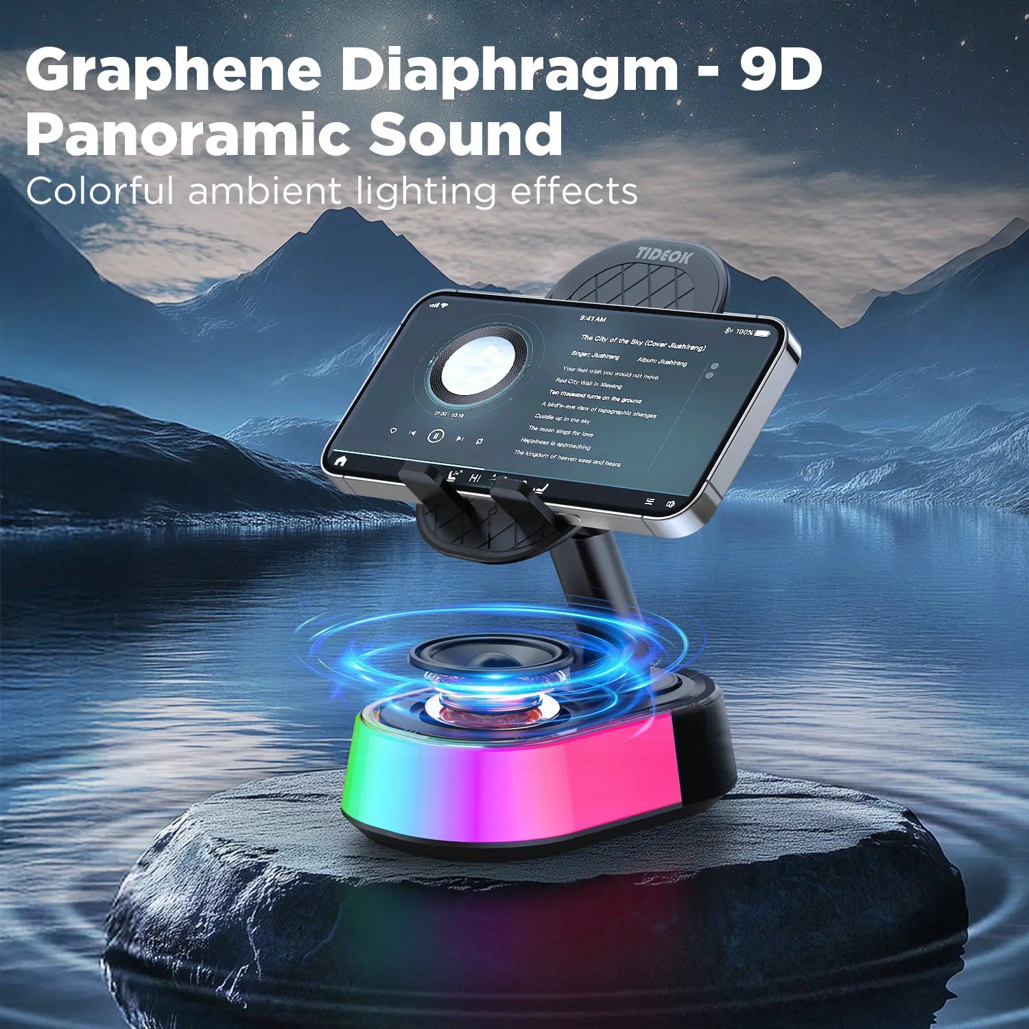 TIDEOK Wireless Bluetooth Speaker with Phone Holder, Emergency Charging, Smart Sensing, Colorful Atmosphere Light, 9D HD Surround Sound, Foldable & Rotatable, for Iphone & Android