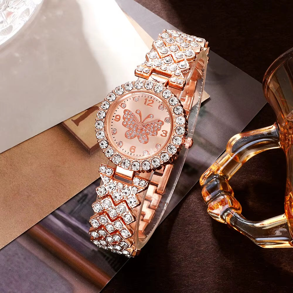 6Pcs Jewelry Set Rose Gold Luxury Watch Women Ring Necklace Earring Rhinestone Fashion Wristwatch Casual Ladies Watches
