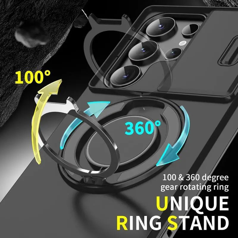 Shockproof Magnetic Case with Slide Camera Lens Protector for Samsung Galaxy S26/S25/S24/S23/S22/S21 Ultra plus Rotating Ring Holder