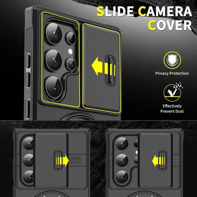 Shockproof Magnetic Case with Slide Camera Lens Protector for Samsung Galaxy S26/S25/S24/S23/S22/S21 Ultra plus Rotating Ring Holder