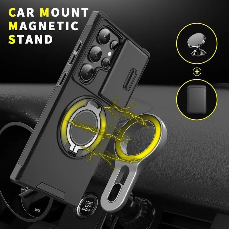 Shockproof Magnetic Case with Slide Camera Lens Protector for Samsung Galaxy S26/S25/S24/S23/S22/S21 Ultra plus Rotating Ring Holder