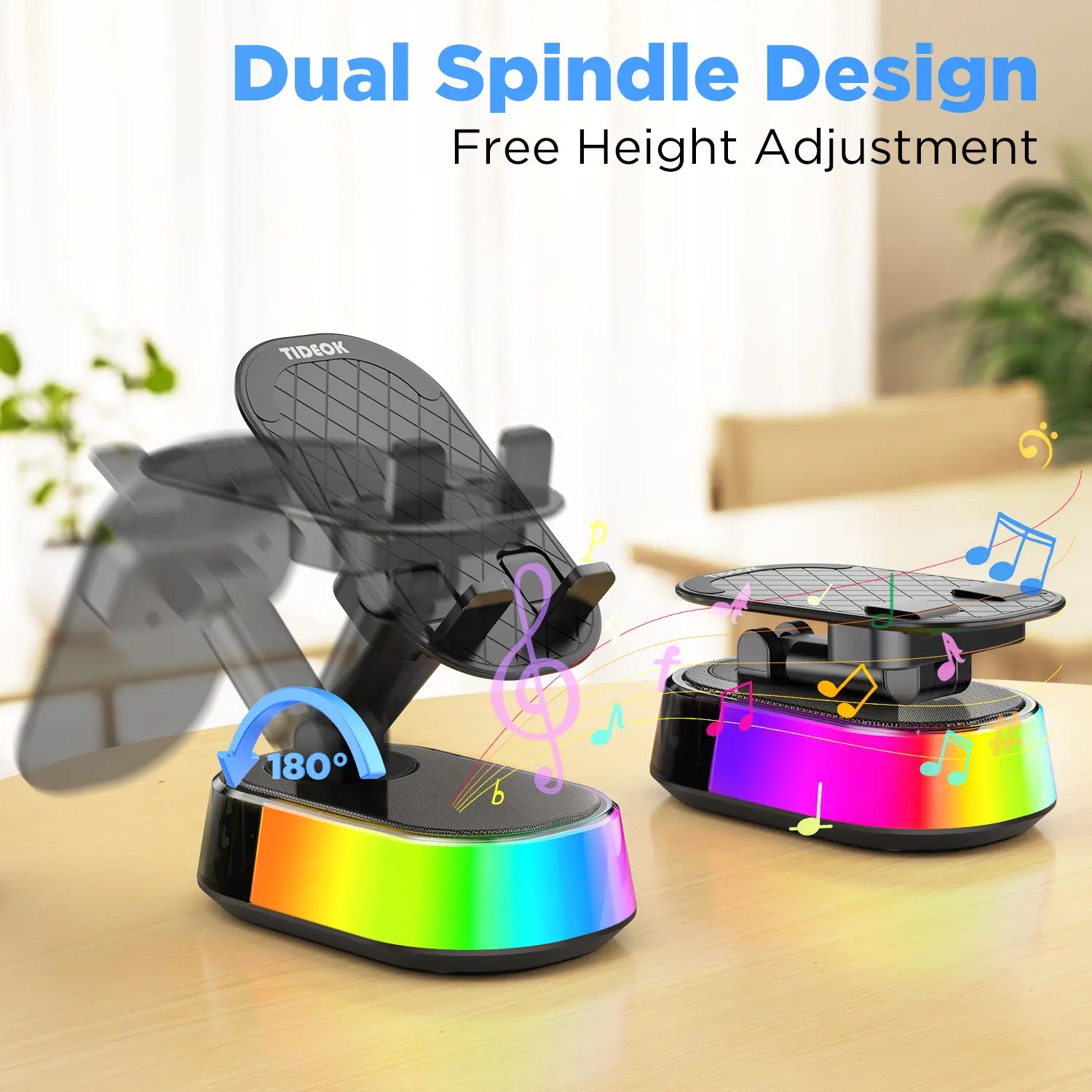 TIDEOK Wireless Bluetooth Speaker with Phone Holder, Emergency Charging, Smart Sensing, Colorful Atmosphere Light, 9D HD Surround Sound, Foldable & Rotatable, for Iphone & Android