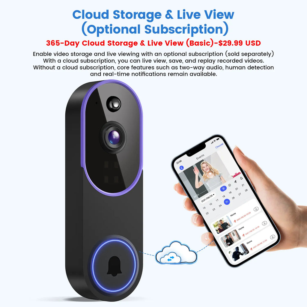 1080P Wireless Video Doorbell Camera, Smart AI Human Detection, Live View, Cloud Storage, Night Vision, Two Way Audio, Instant Alert, 2.4G Wifi Only, Indoor/Outdoor Surveillance Cam for Home Security System