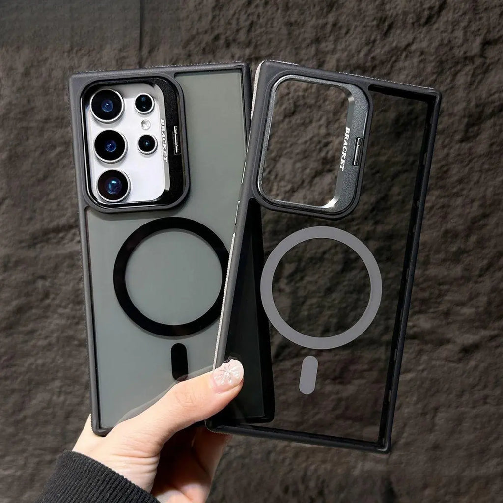 Transparent PC & TPU Case for Samsung Galaxy S25 Ultra S24 S23 Plus, Anti-Slip Side Grips, Built-In Camera Ring Stand with Raised Lens Frame Protection
