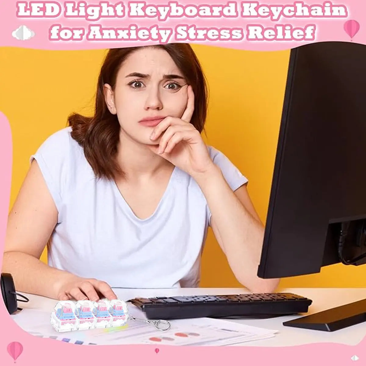 Pink Keychain Keyboard Fidget Toy with LED Lights Stress Relief Clicker Fidget Keyboard Boost Focus Calm Anxiety for Her Girlfriend Wife Gift