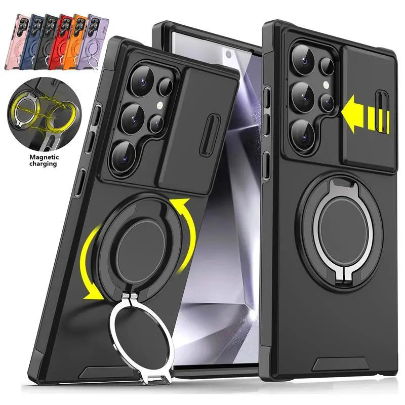 Shockproof Magnetic Case with Slide Camera Lens Protector for Samsung Galaxy S26/S25/S24/S23/S22/S21 Ultra plus Rotating Ring Holder