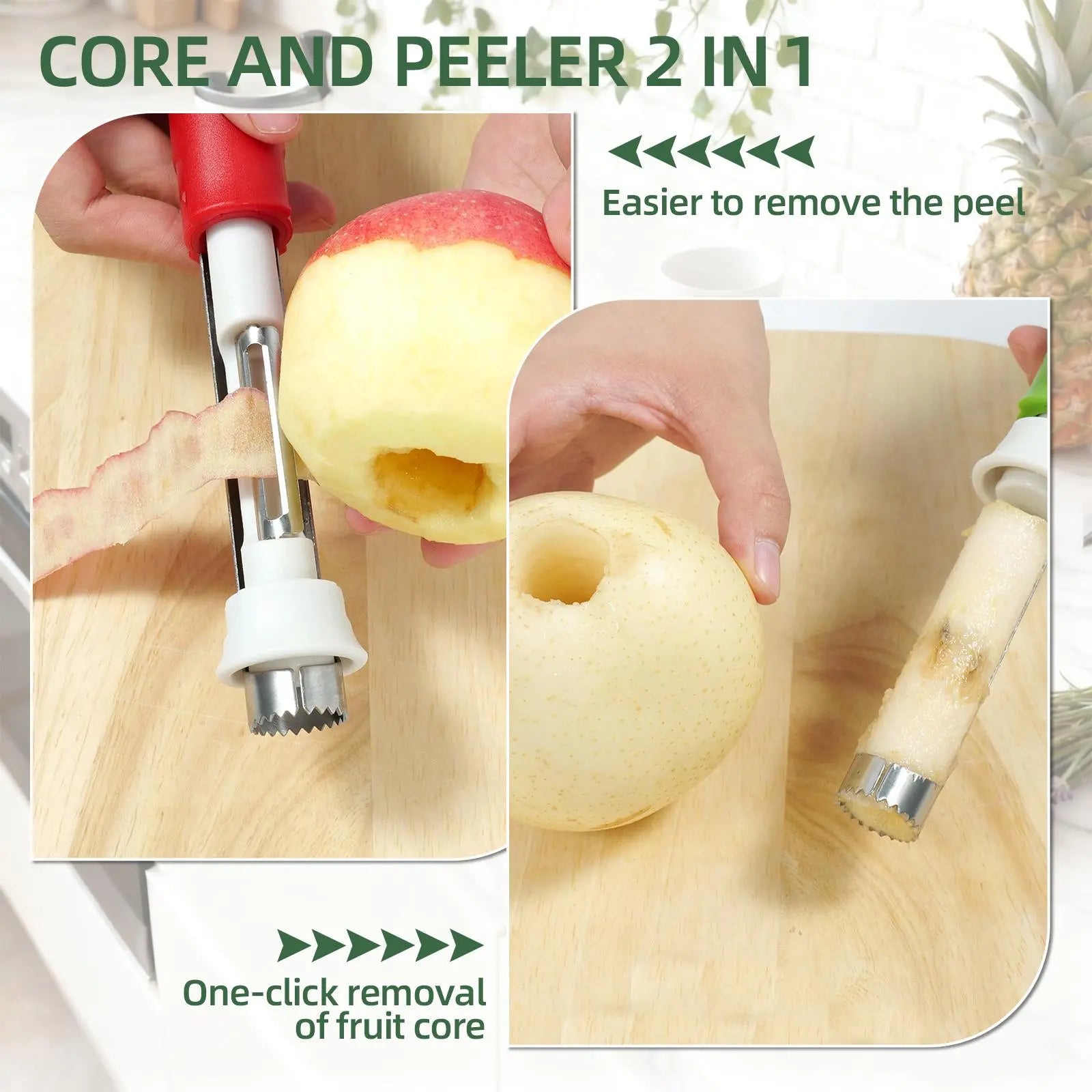 2 in 1 Apple Corer and Peeler, Apple Core Removal Tool, Stainless Steel Fruit Corer, Apple Seed Remover for Cored Apples, Pears, Bell Peppers and Cakes, Kitchen Gadget for Fruit and Vegetable