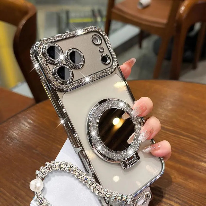 Luxury Shiny Mirror Iphone with Foldable Stand for Iphone 17 16 15 Pro Max - Aesthetic Makeup Cover for Women & Girls Anti-Fall Bow Pattern Game Design Four-Corner Shockproof Magnetic Phone Case Dust Proof Bracket Cool Leopard Print