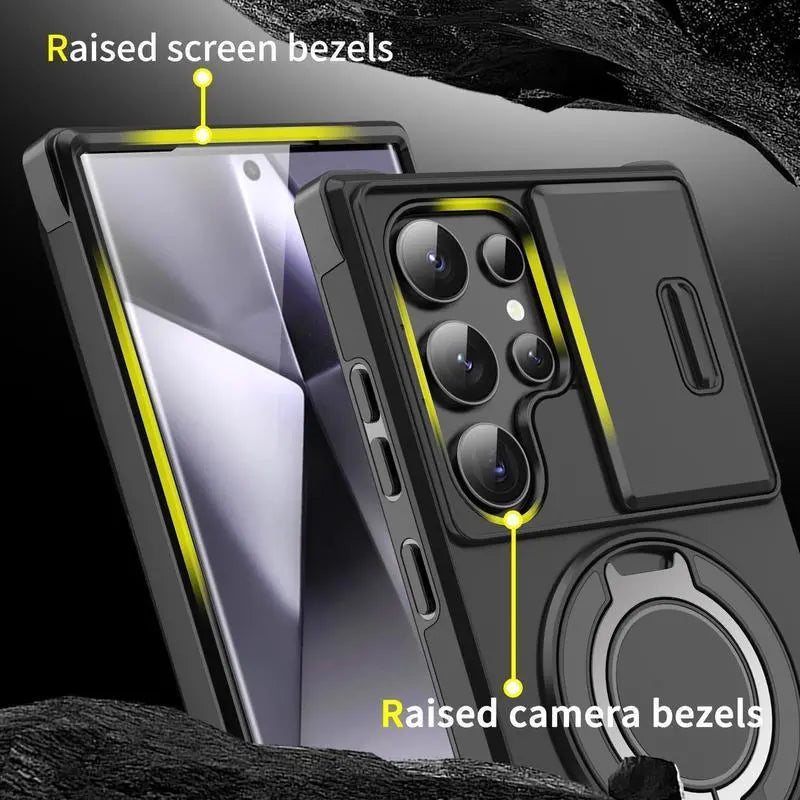 Shockproof Magnetic Case with Slide Camera Lens Protector for Samsung Galaxy S26/S25/S24/S23/S22/S21 Ultra plus Rotating Ring Holder
