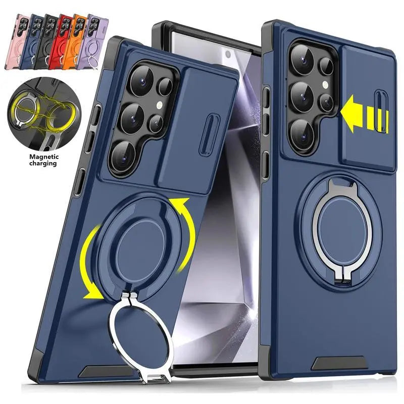 Shockproof Magnetic Case with Slide Camera Lens Protector for Samsung Galaxy S26/S25/S24/S23/S22/S21 Ultra plus Rotating Ring Holder